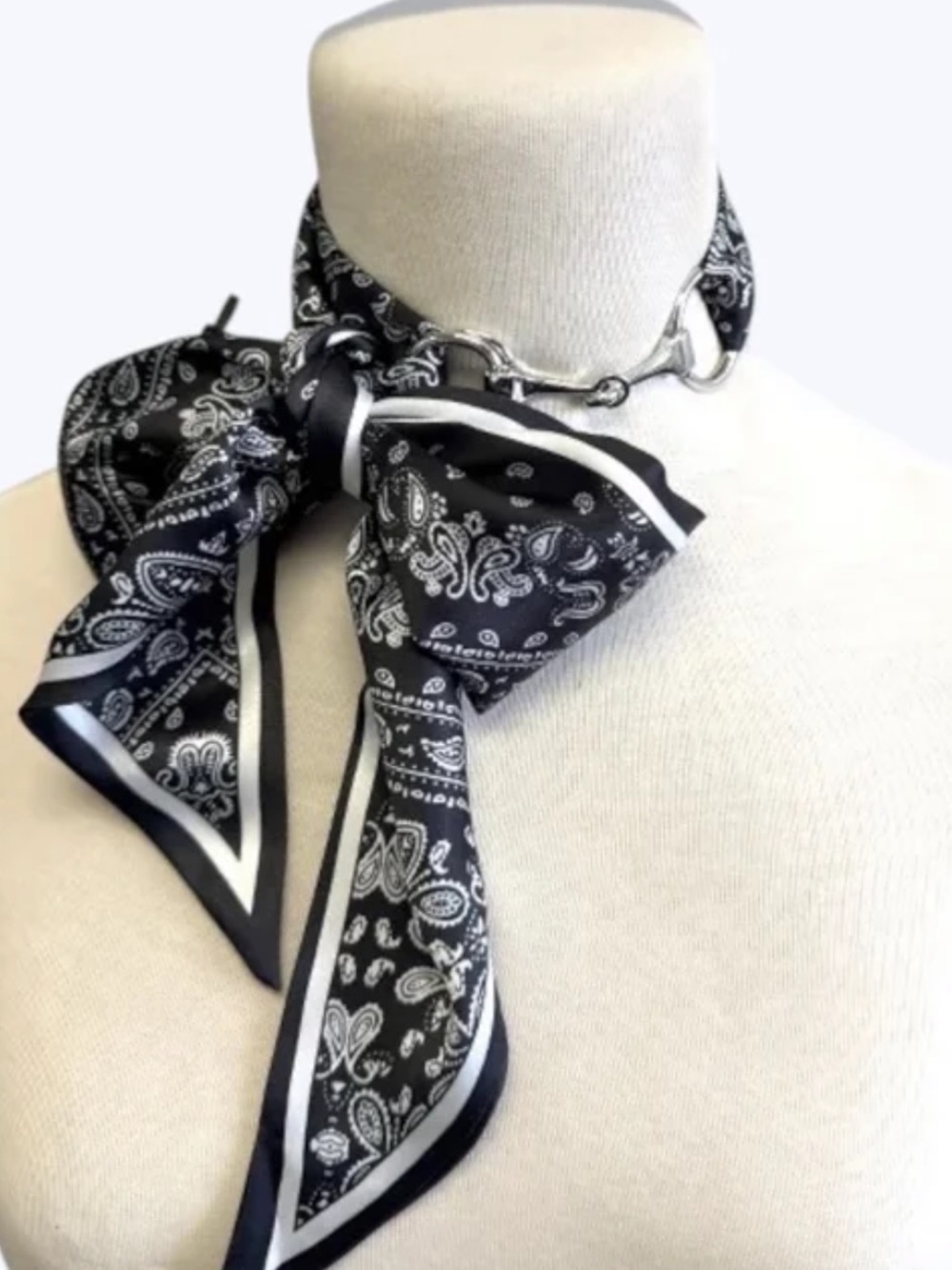 Black Paisley Silk Neck Scarf for Women - Stylish Bow Accent